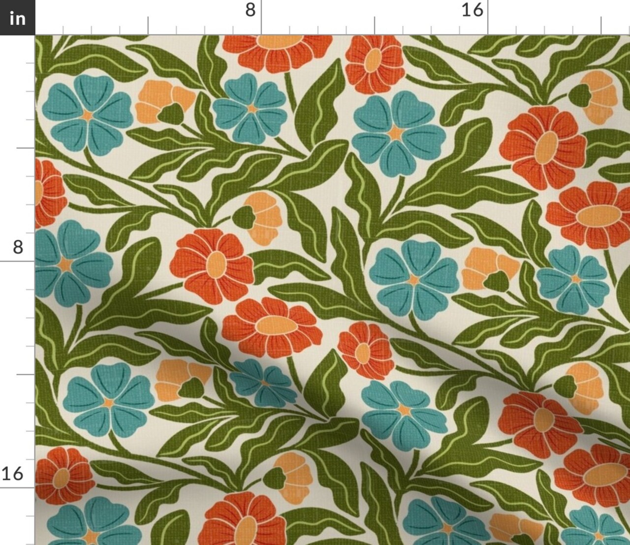 Retro Bohemian Botanical Trailing Vine Muted Green Blue Orange Flowers Custom Printed Fabric by Spoonflower Various Fabrics by the Yard or Fat Quarter